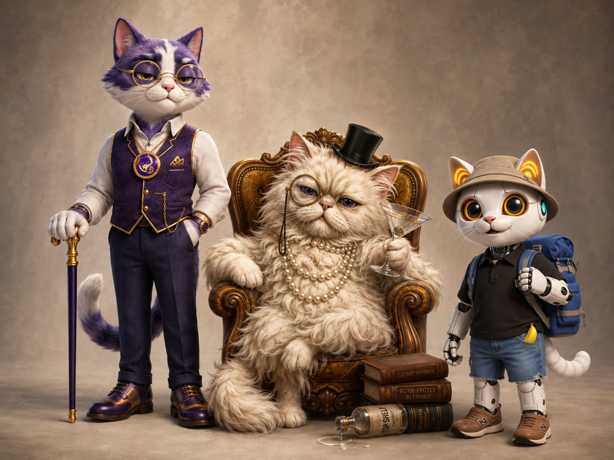The AI Robot Kitty family — Proton Pussy (Monty), Drunk Pussy (Sharon) and AI Robot (Fluffy)