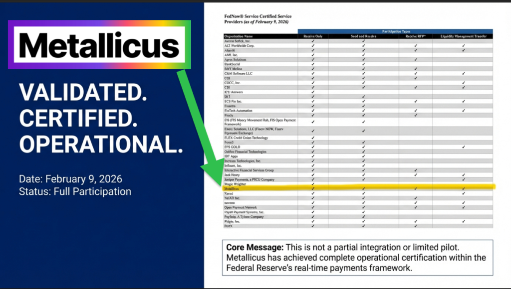 IT’S OFFICIAL: Metallicus Fully Certified on FedNow